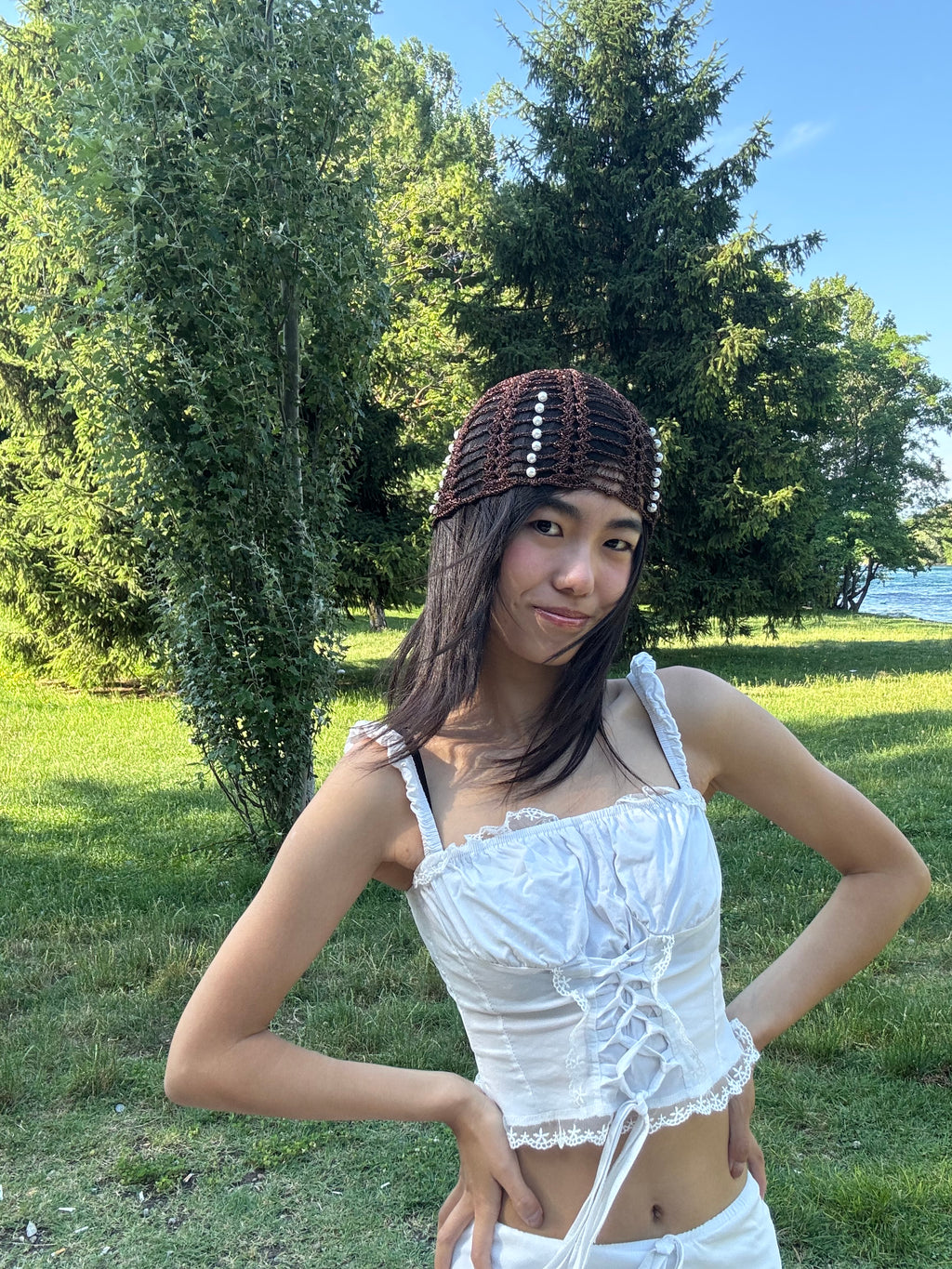 Crochet floral mesh hat with pearls| shining yarn