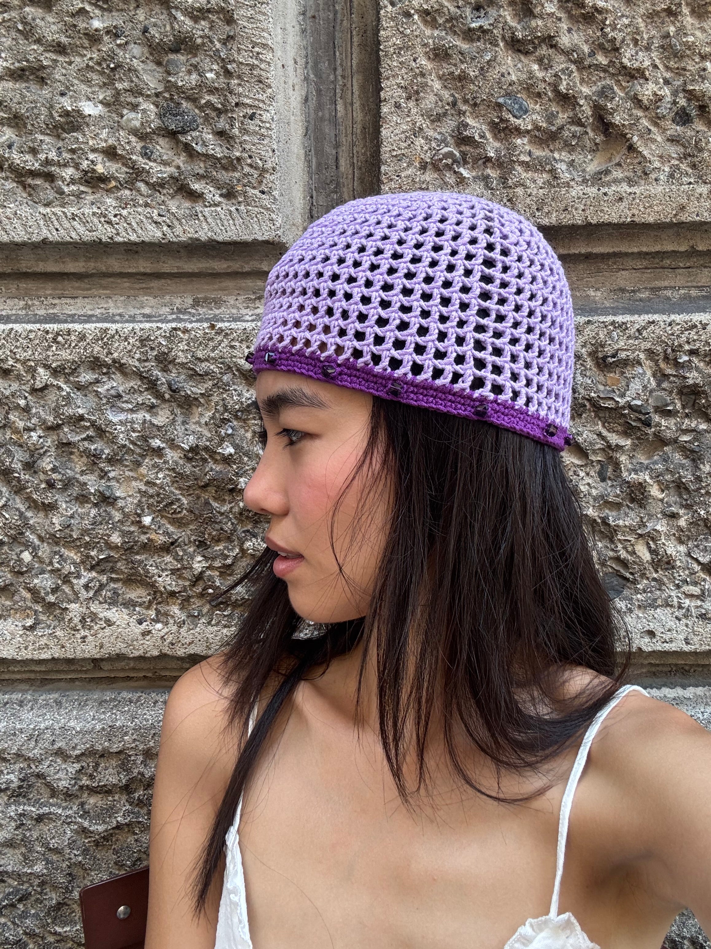Crochet purple mesh hat with crystals