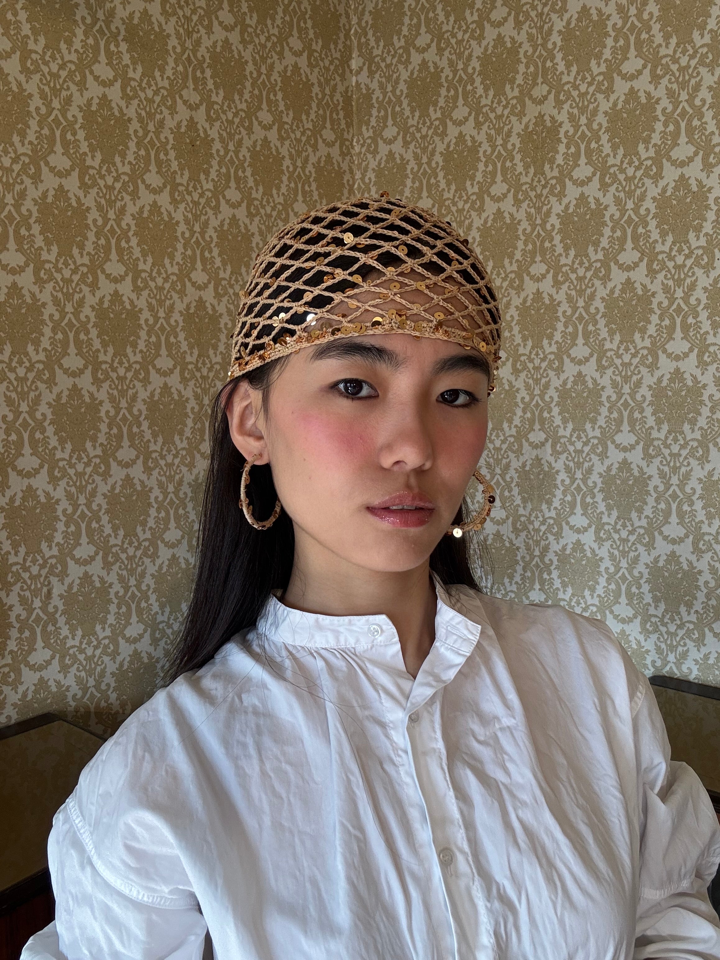 Crochet set: mesh hat+earrings