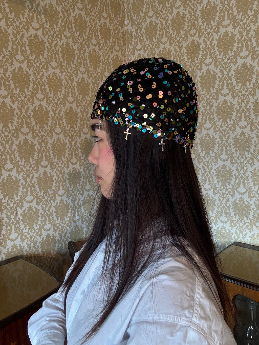 Crochet glittered mesh hat with cross