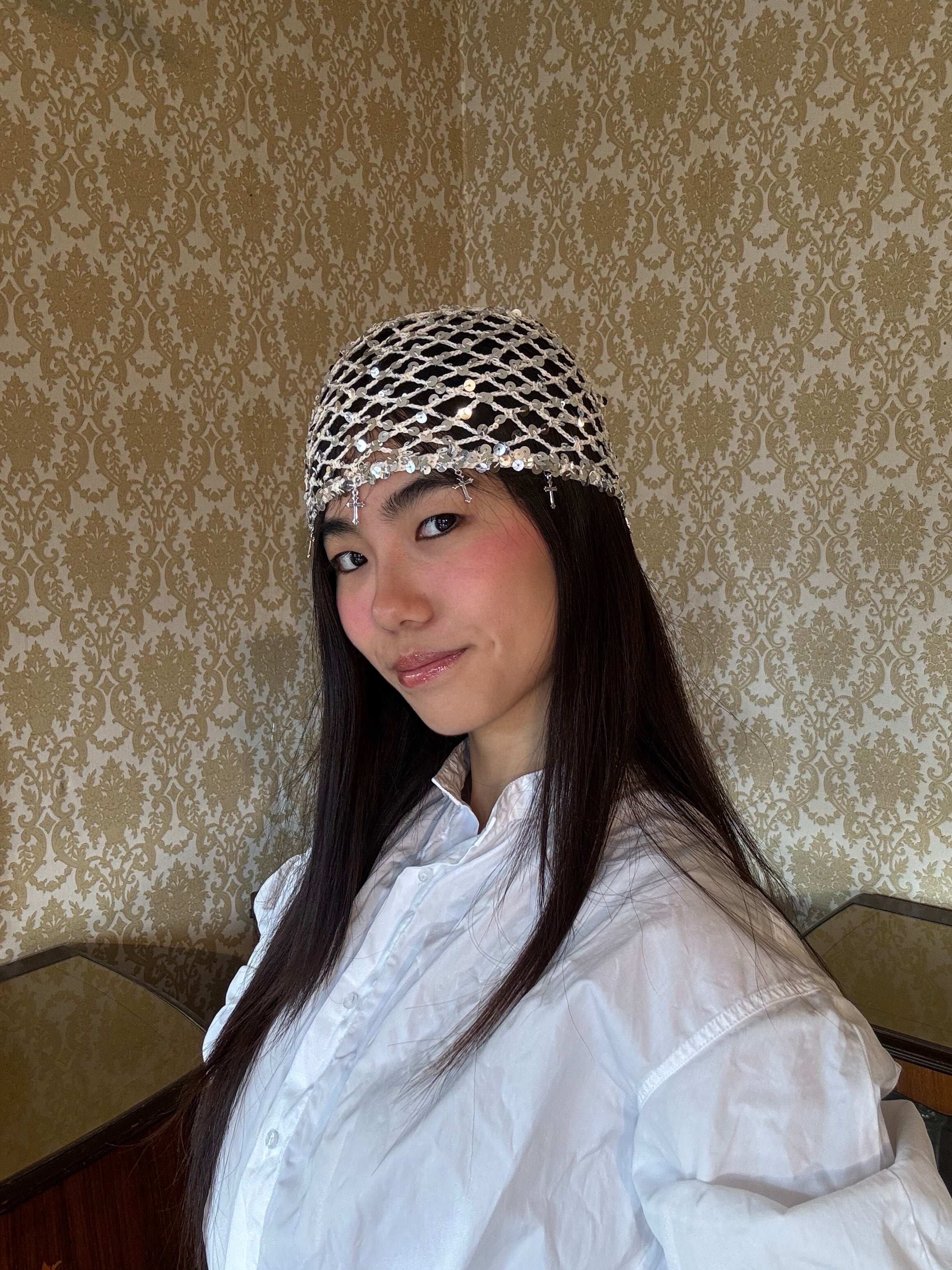 Crochet glittered mesh hat with cross