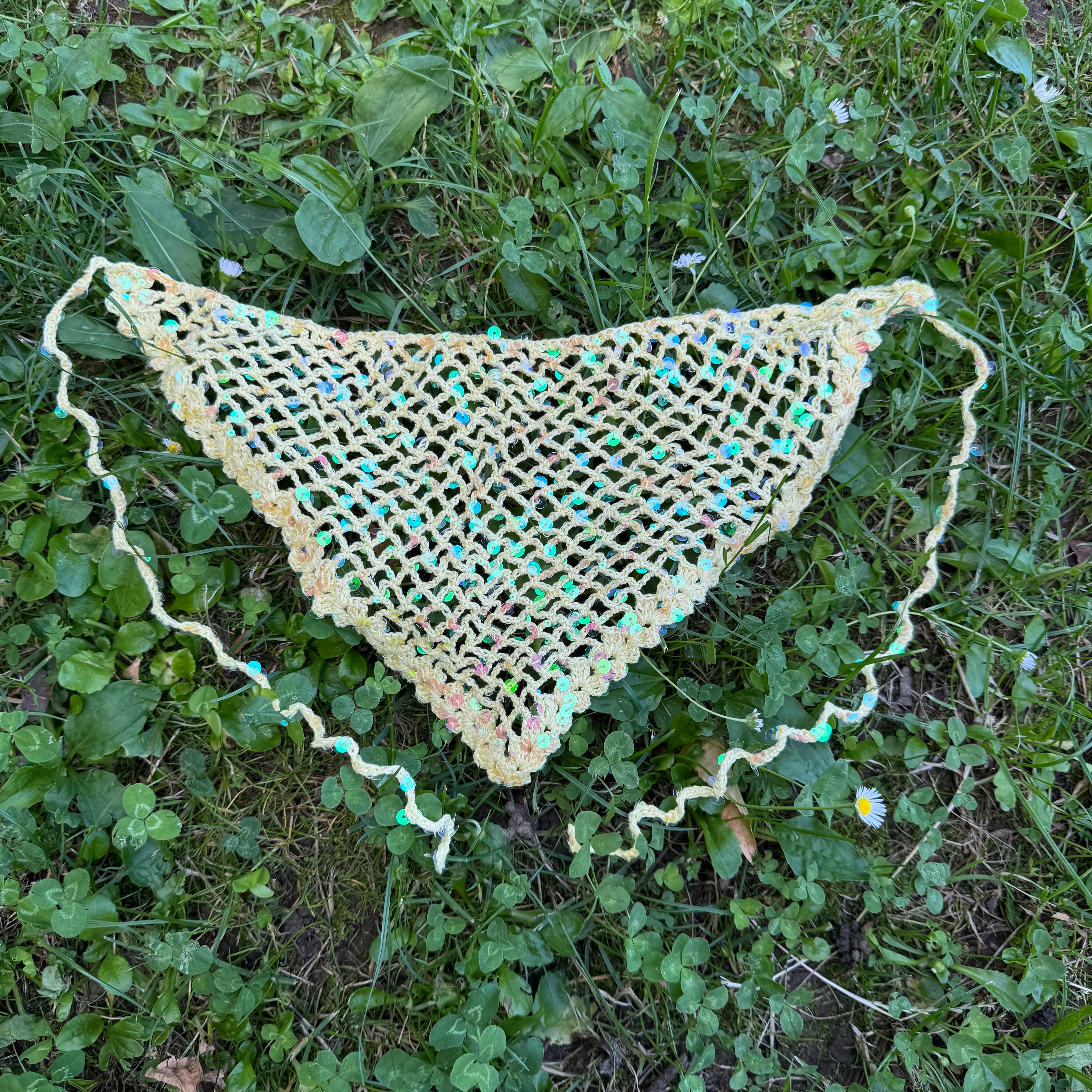 Crochet triangle headscarf with glitters| bandana