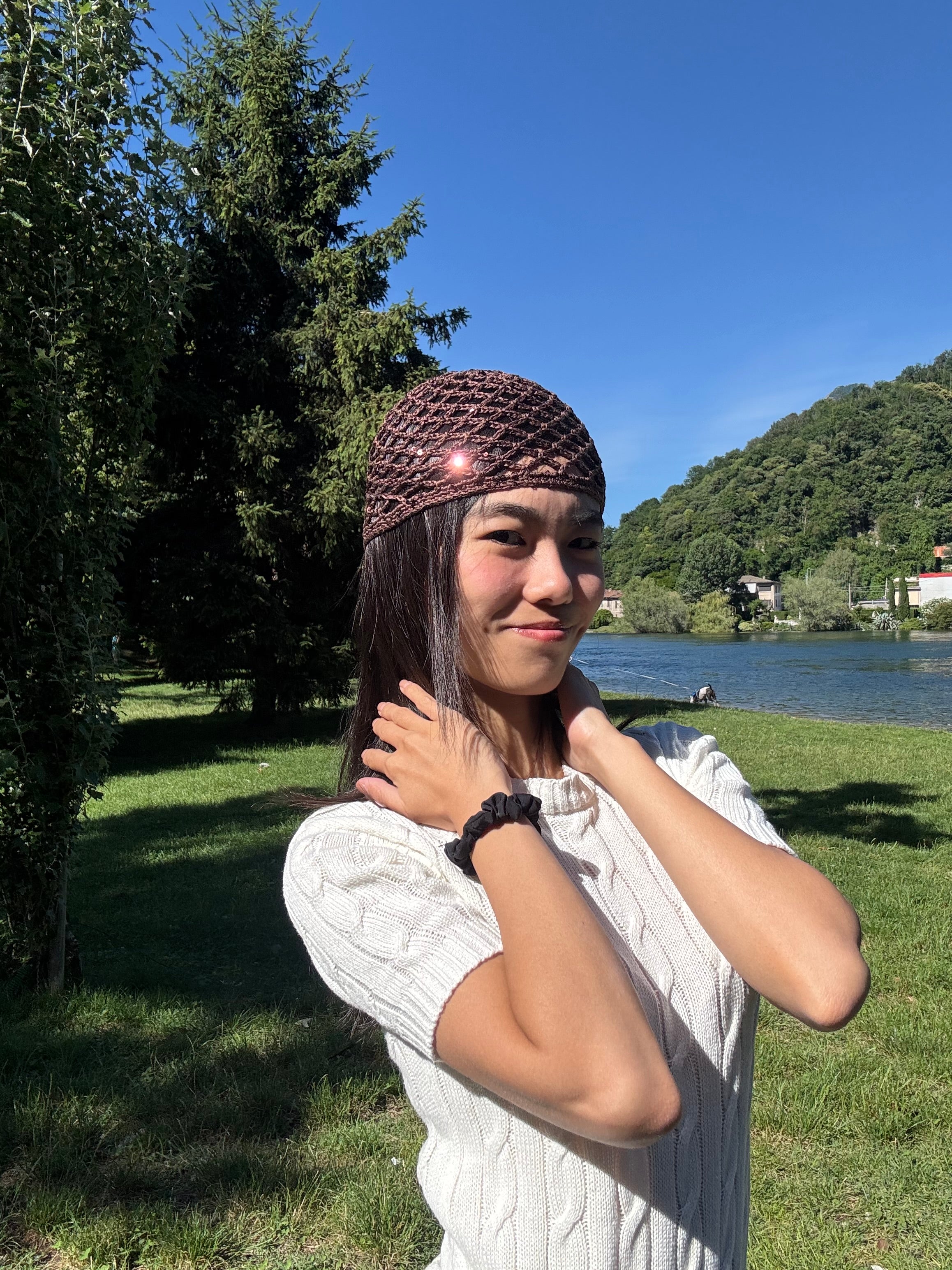 Crochet chocolate sequin mesh hat