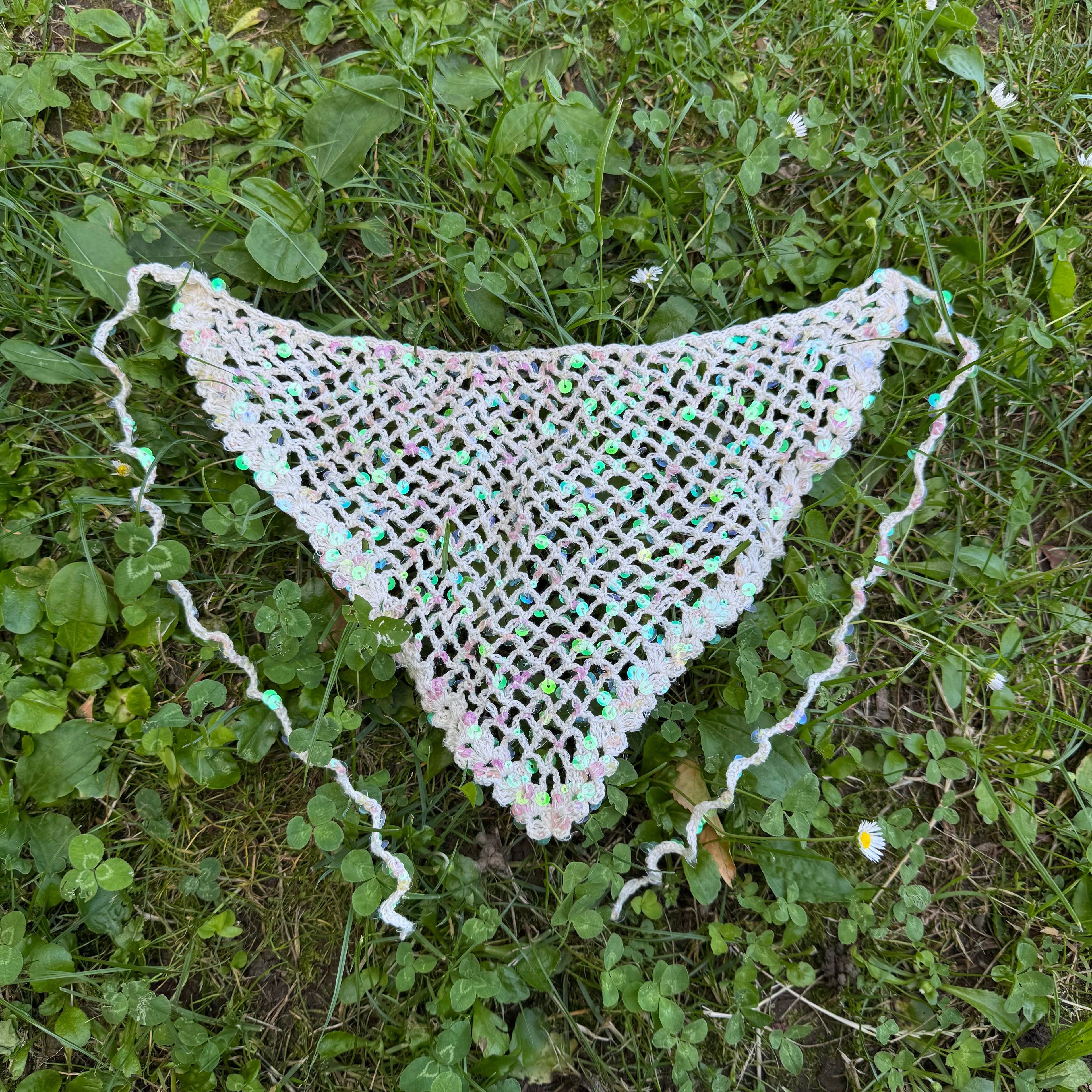 Crochet triangle headscarf with glitters| bandana