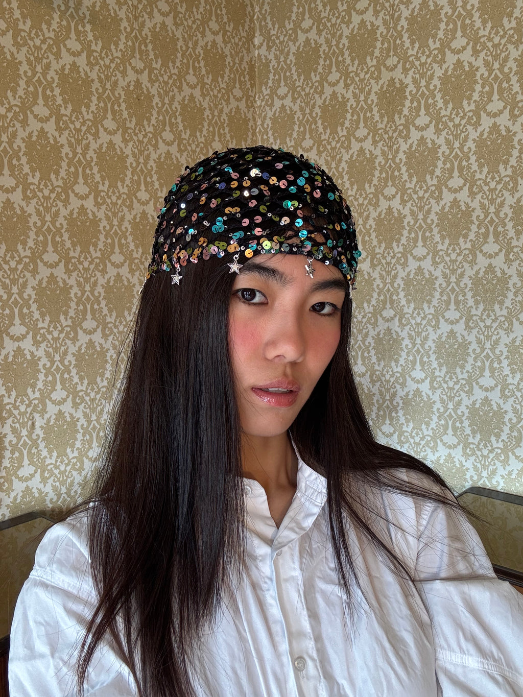Crochet mesh hat with stars