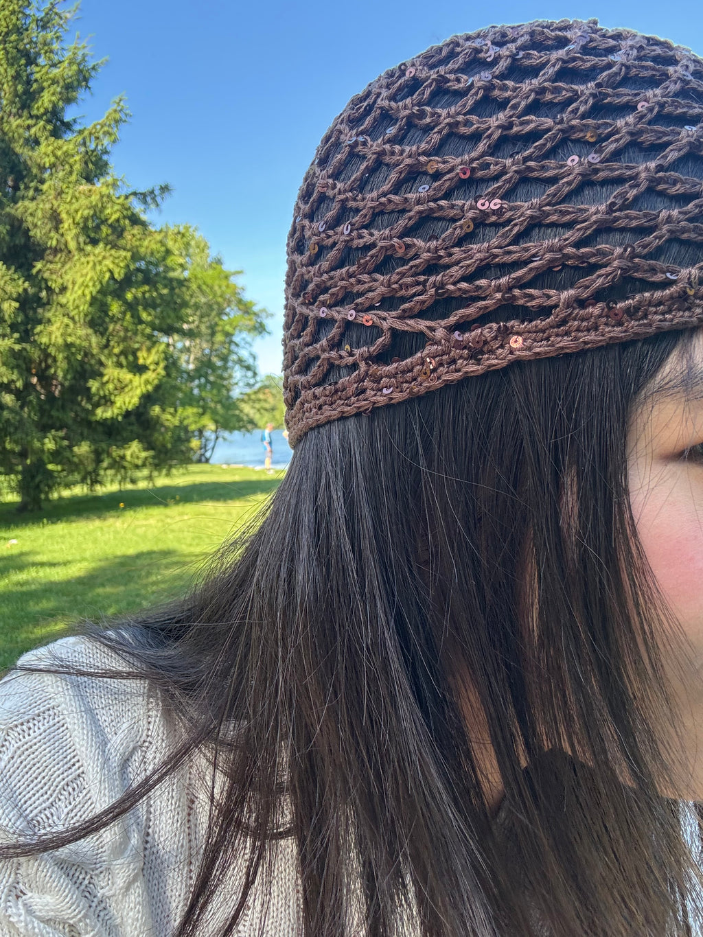 Crochet chocolate sequin mesh hat