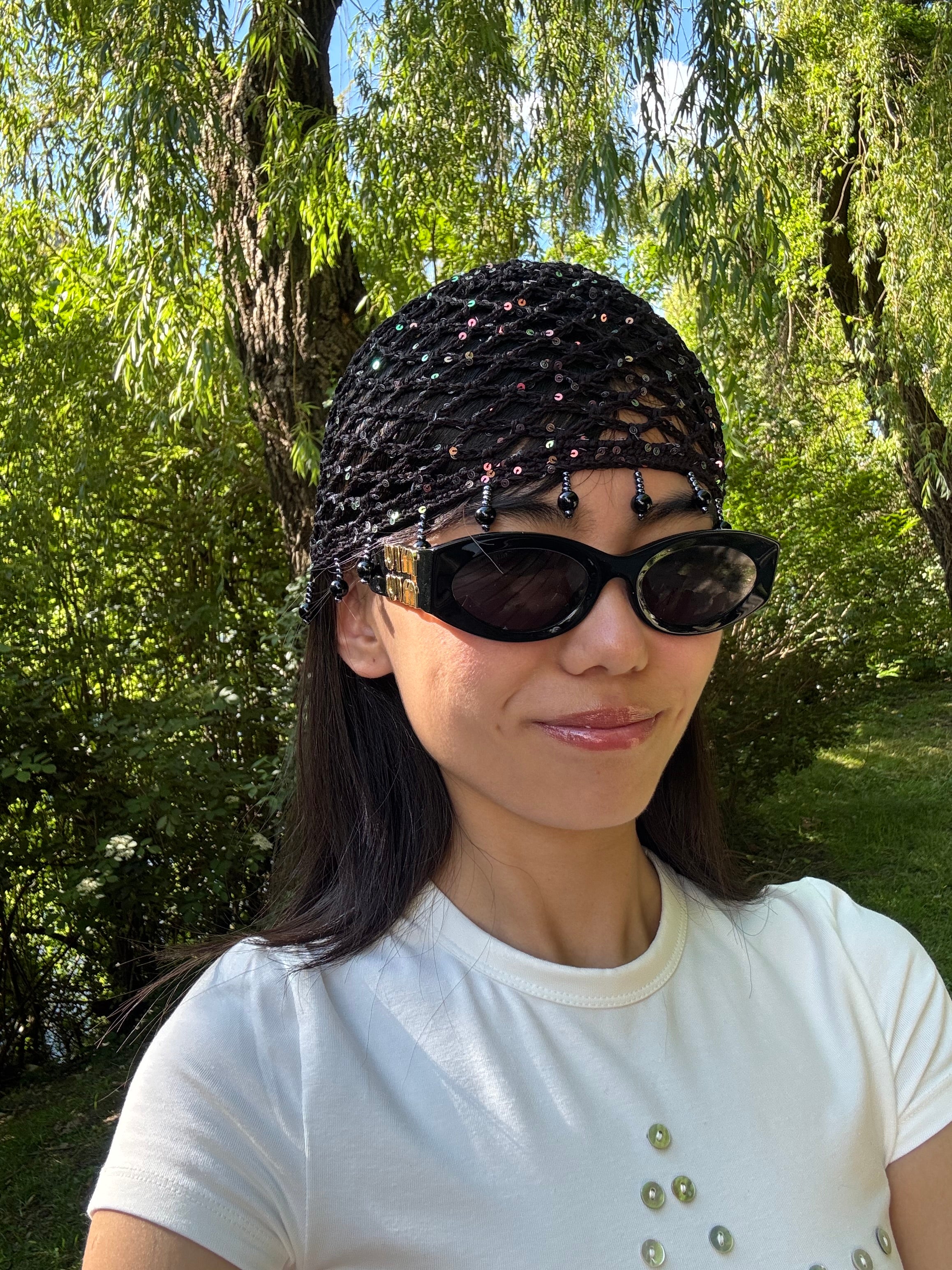 Crochet black mesh hat with charms