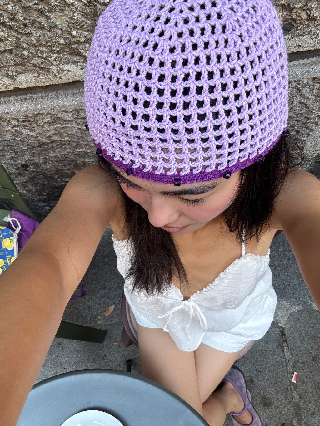 Crochet purple mesh hat with crystals