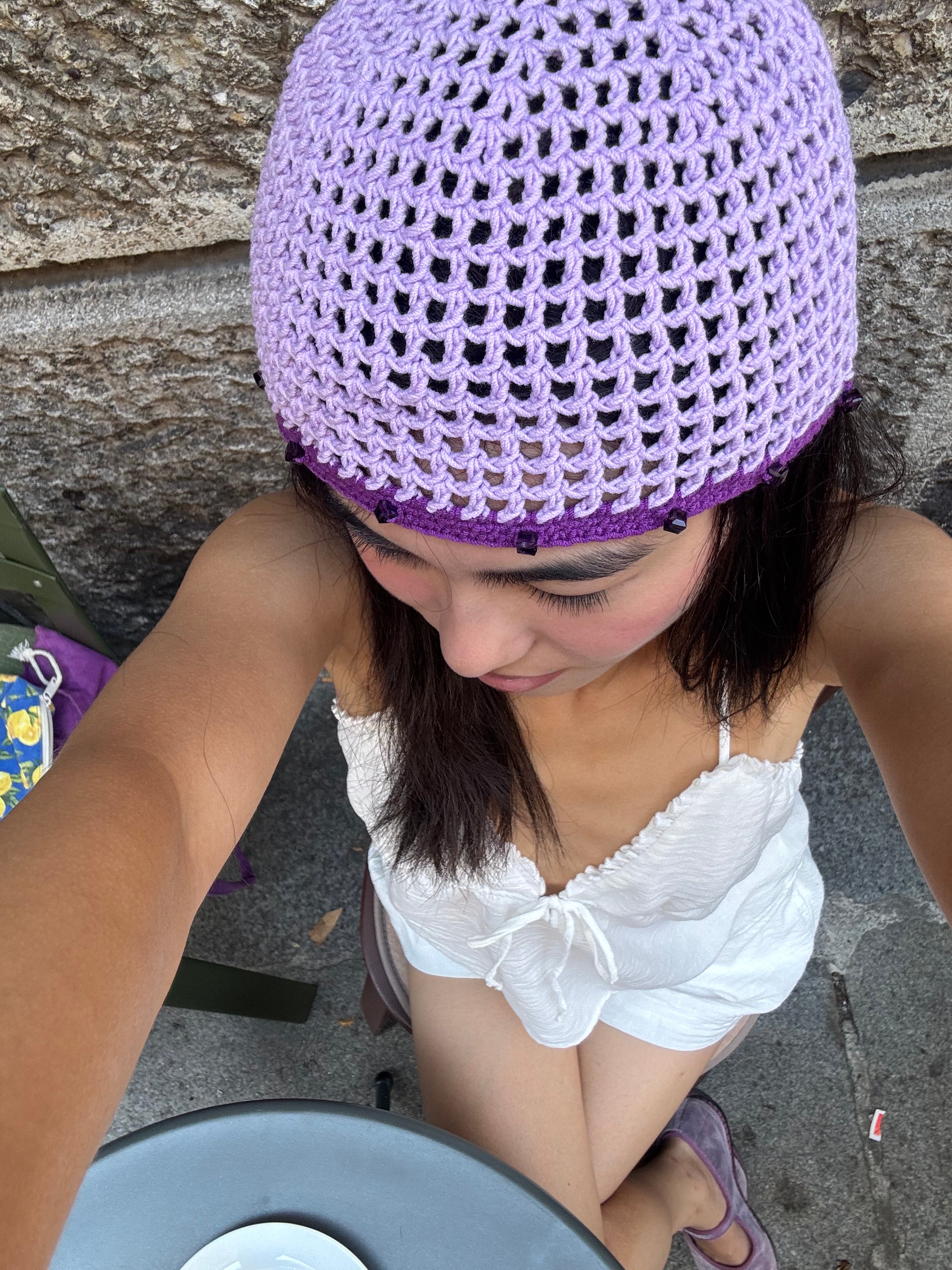 Crochet purple mesh hat with crystals