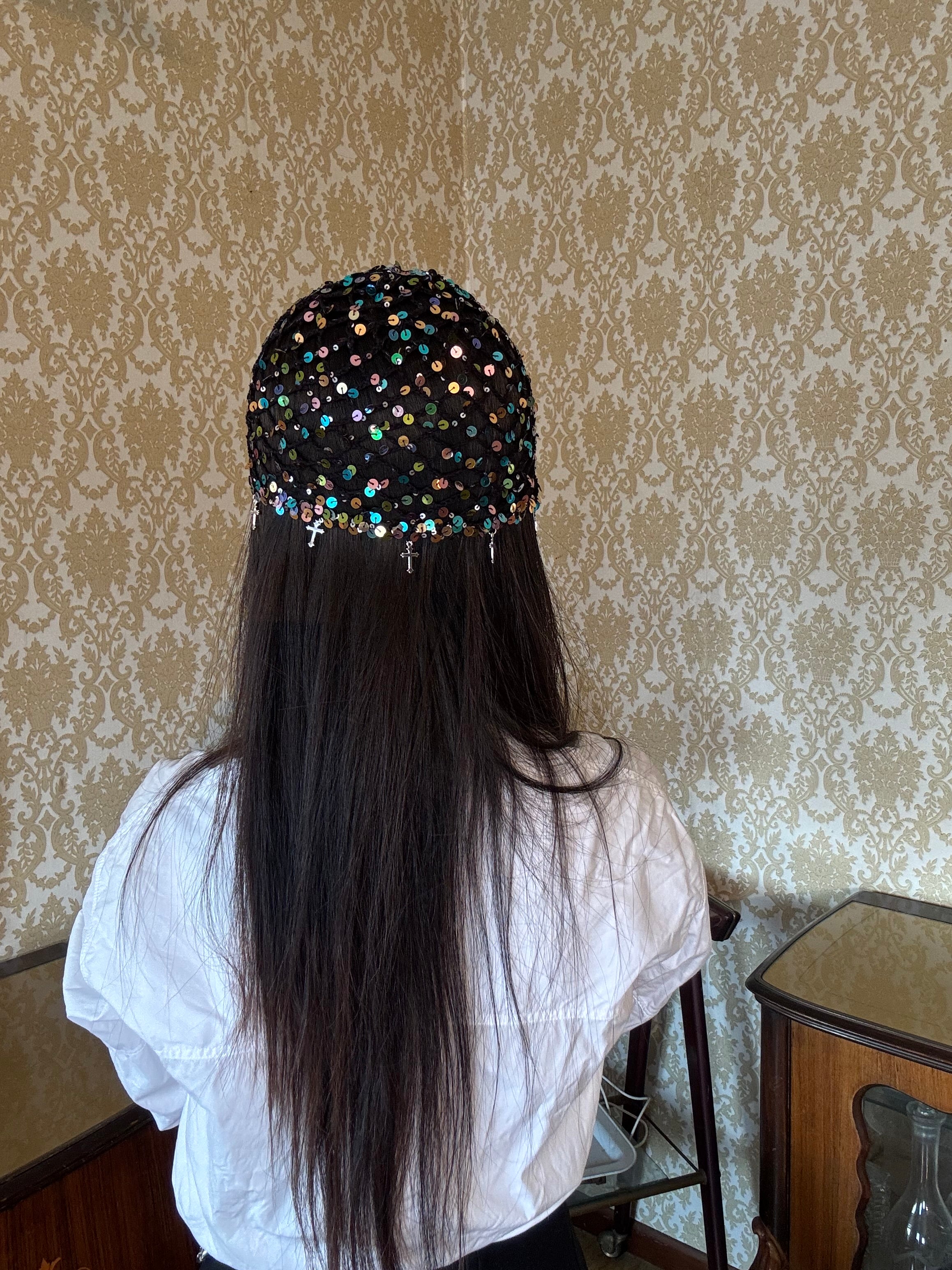 Crochet glittered mesh hat with cross