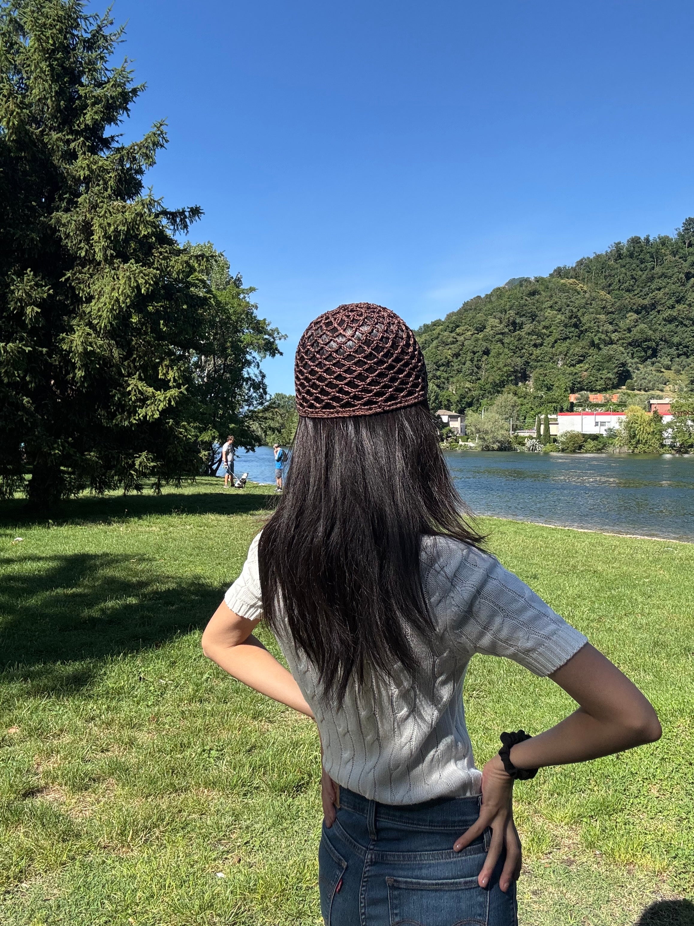 Crochet chocolate sequin mesh hat