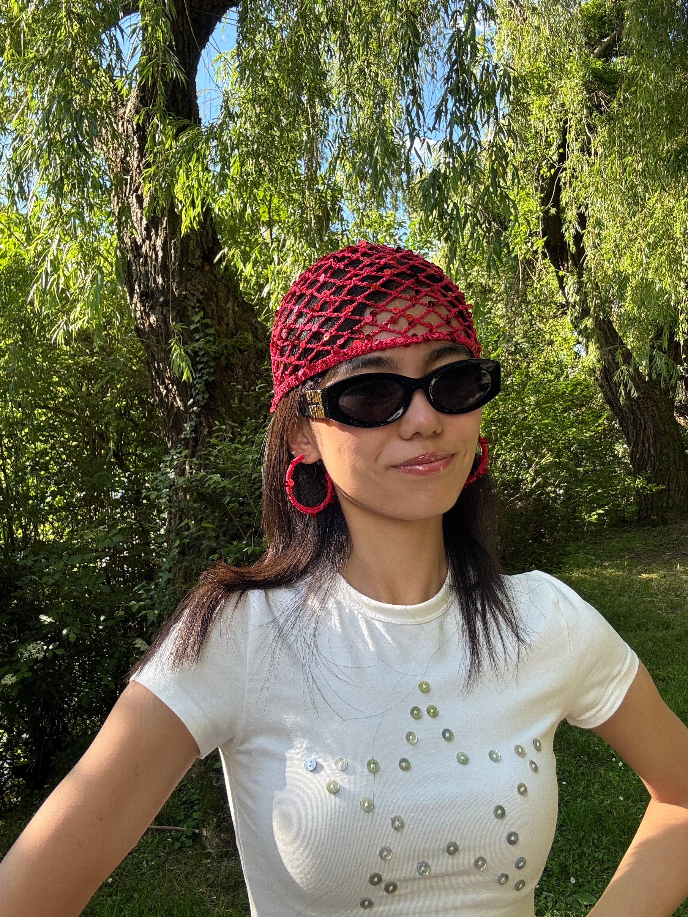 Crochet set: mesh hat+earrings