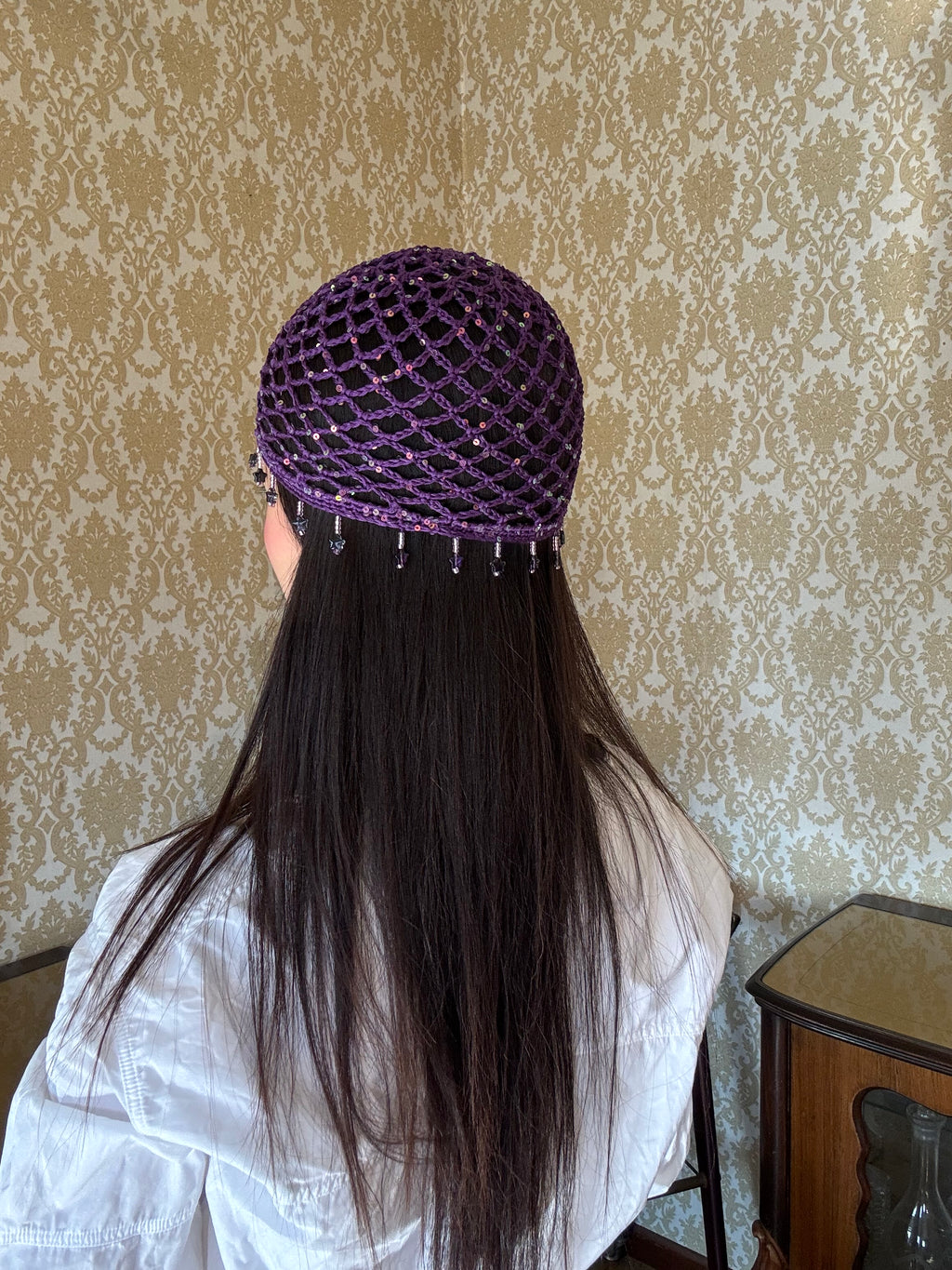 Crochet purple mesh hat with stars