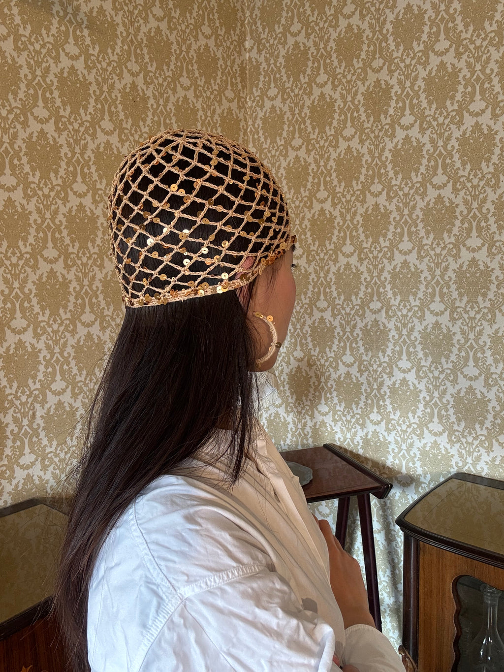 Crochet set: mesh hat+earrings