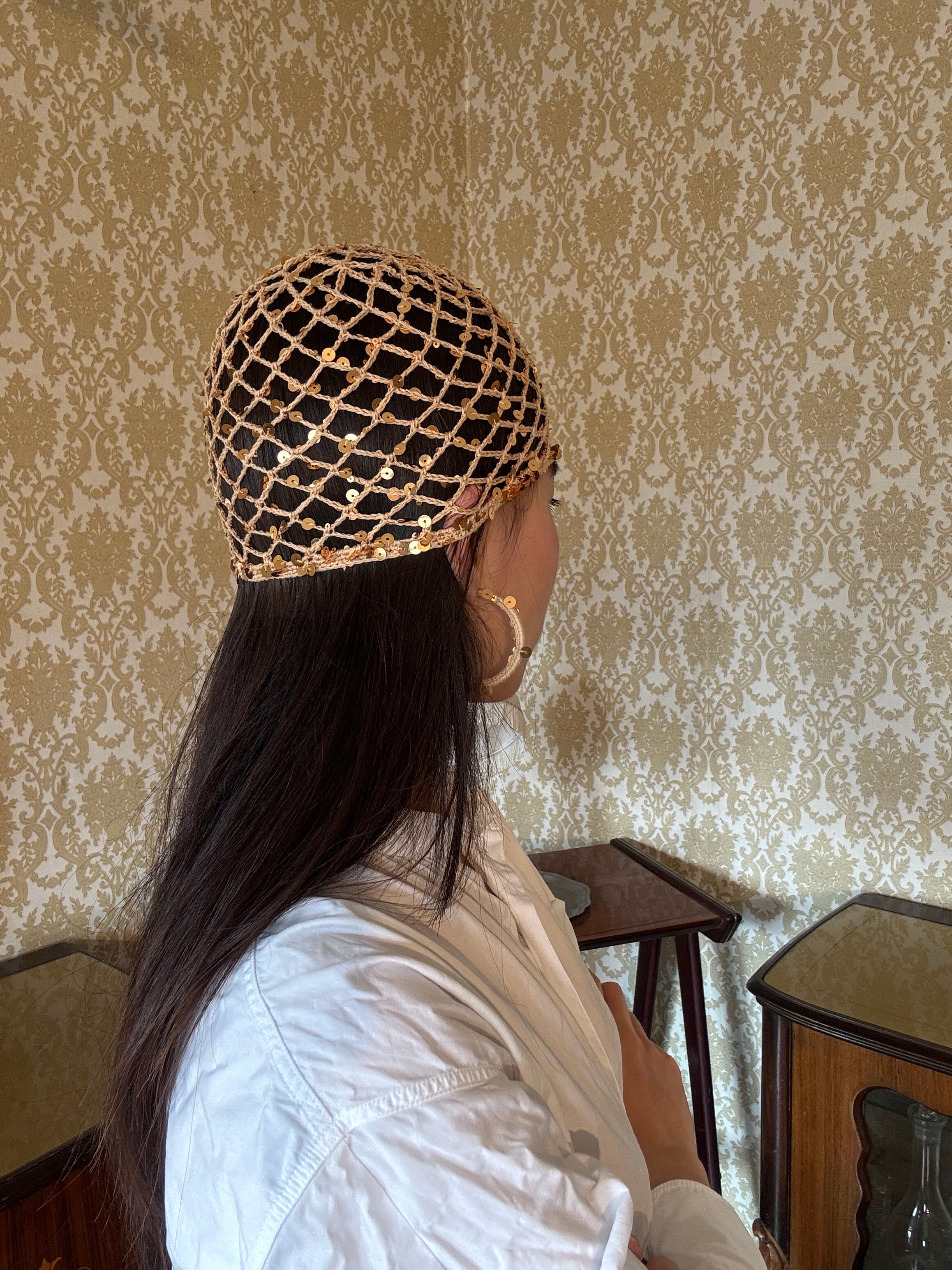 Crochet set: mesh hat+earrings