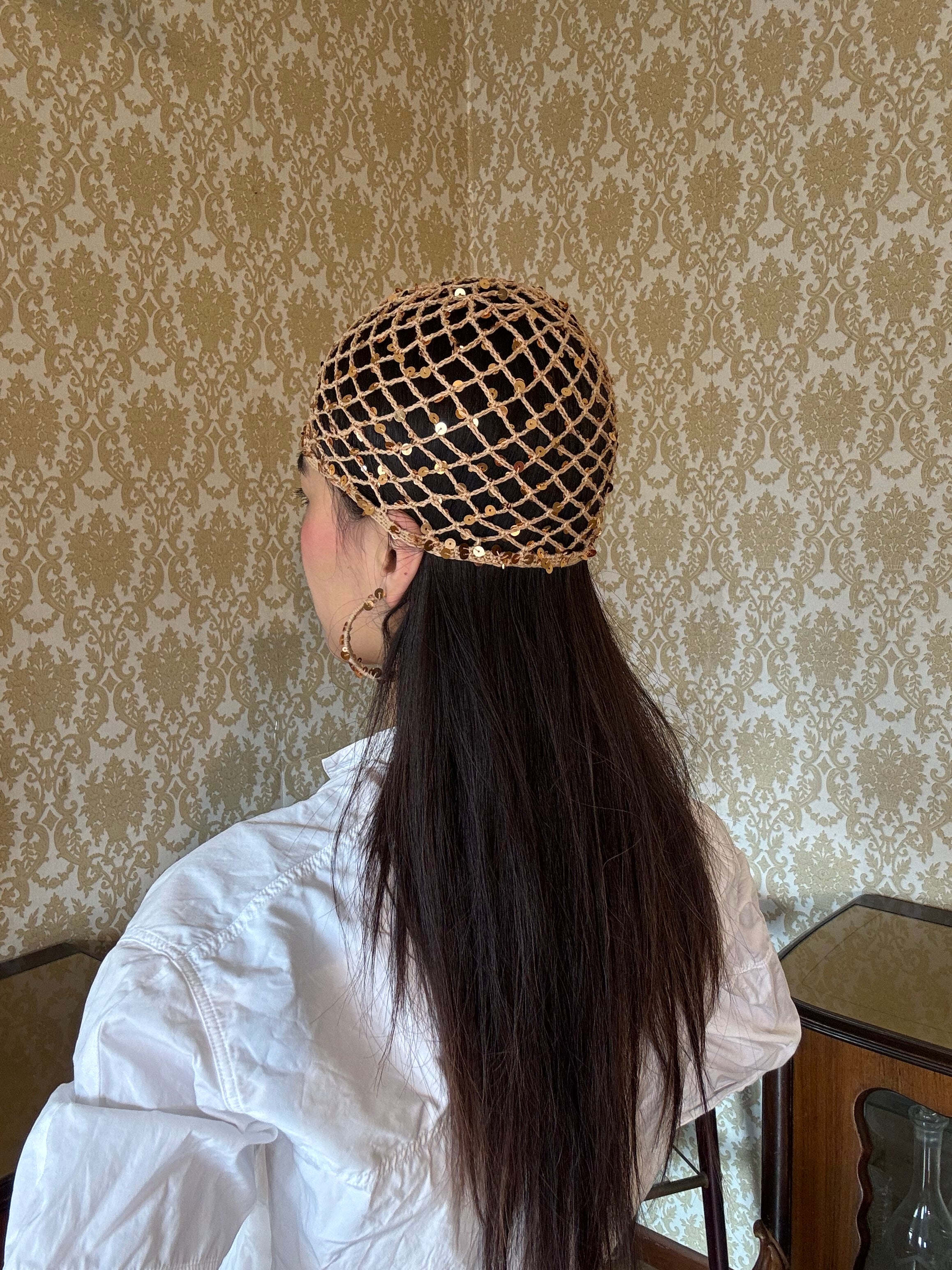 Crochet set: mesh hat+earrings