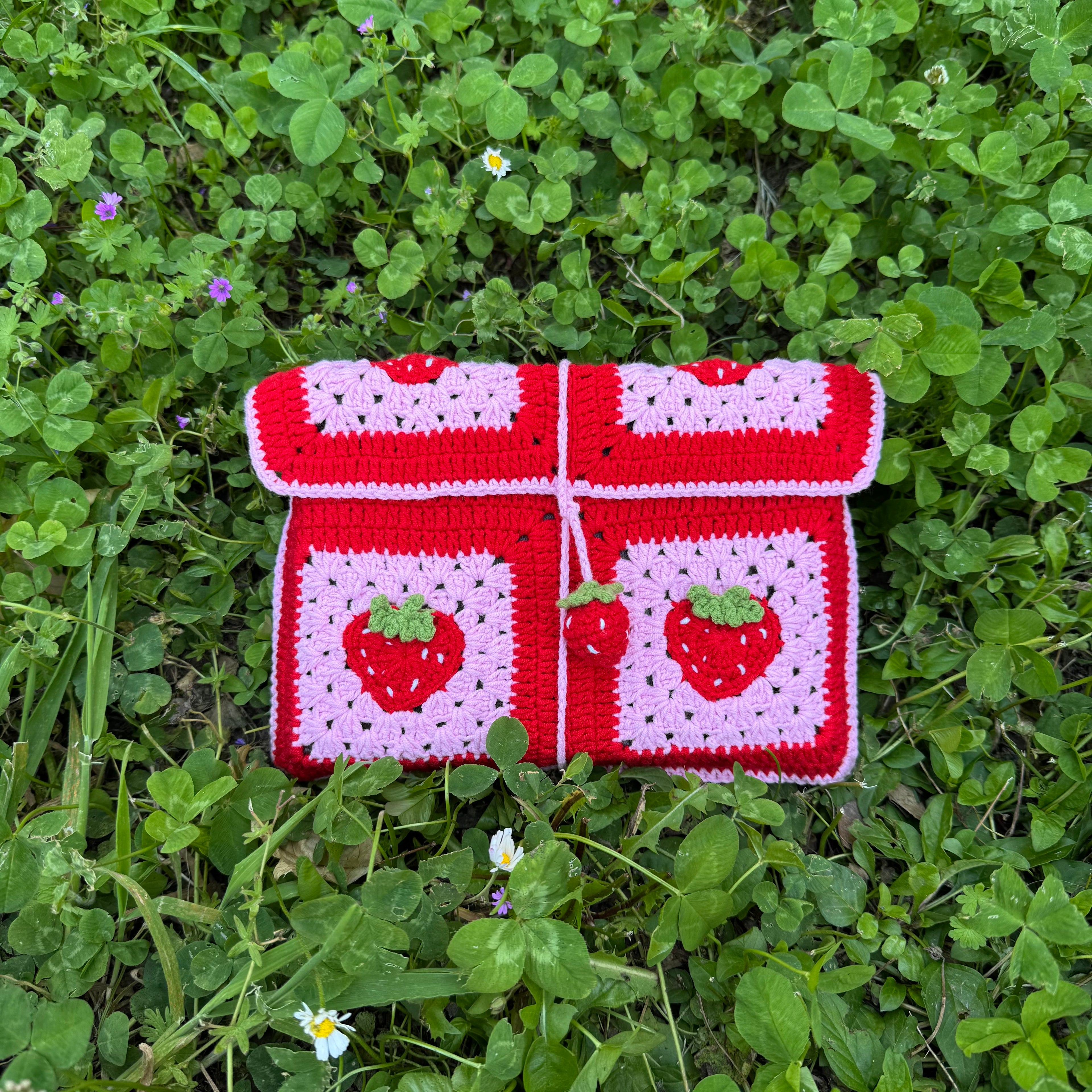 Handmade crochet book pouch| strawberry pattern