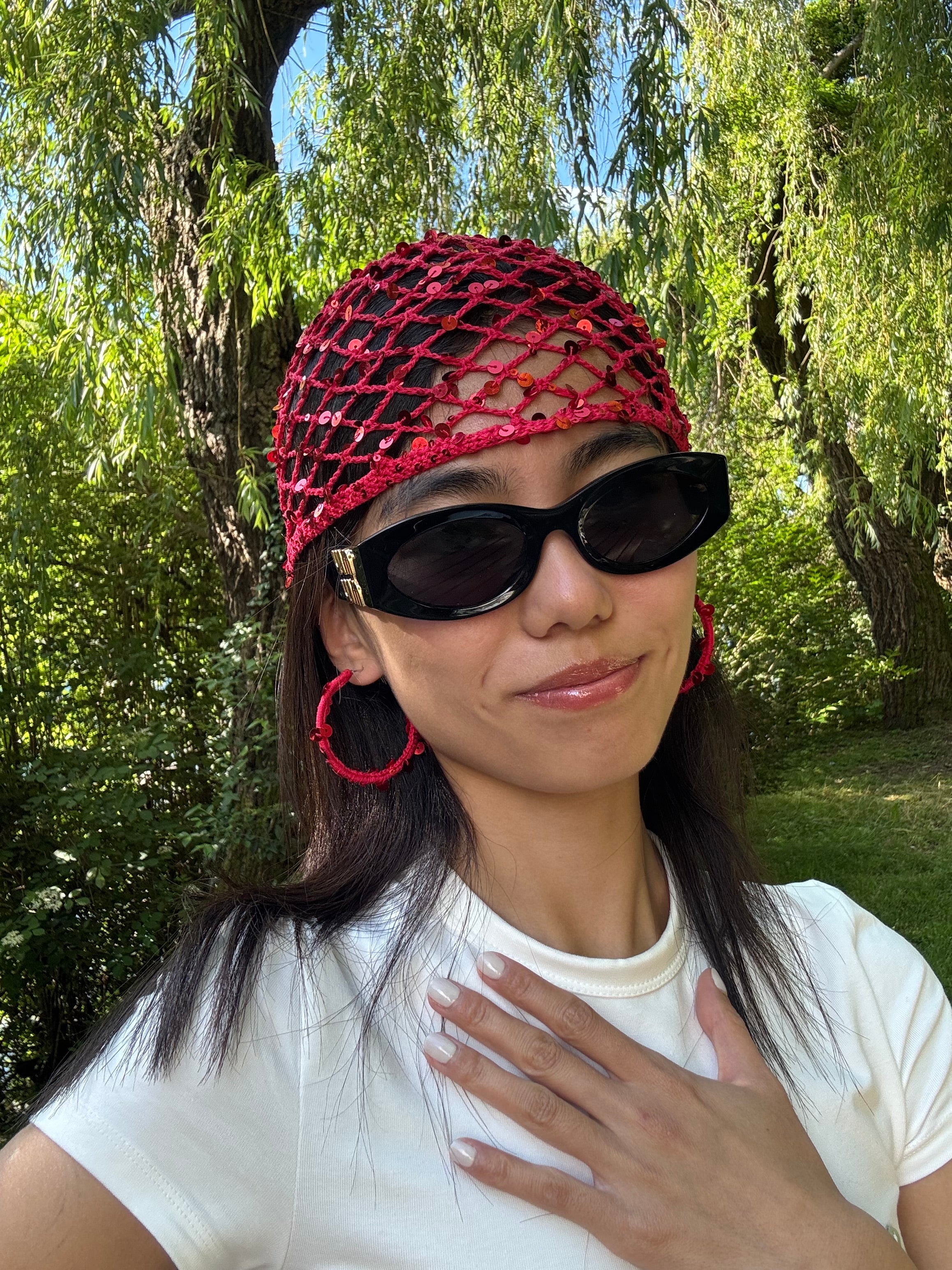 Crochet set: mesh hat+earrings