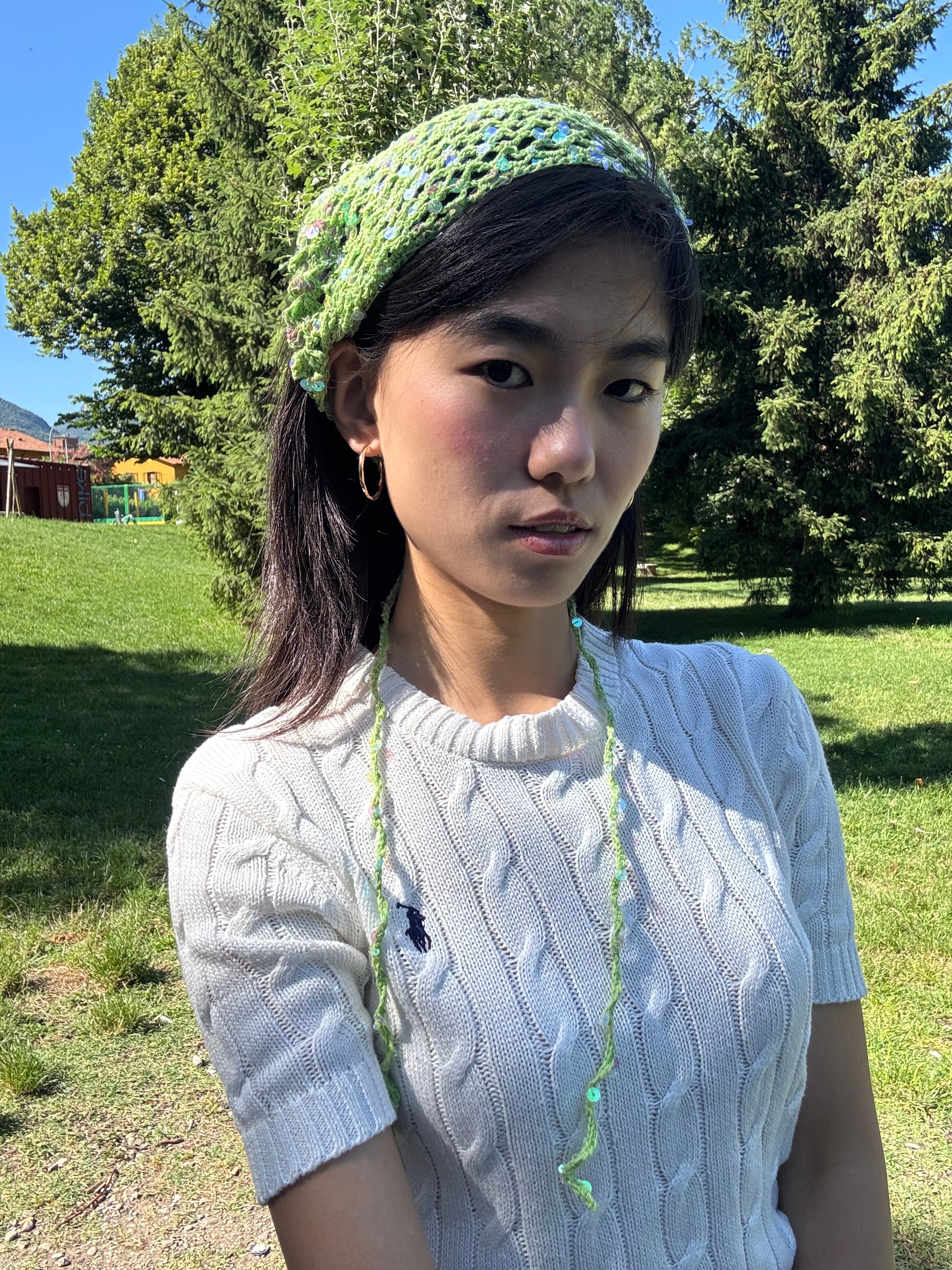 Crochet triangle headscarf with glitters| bandana
