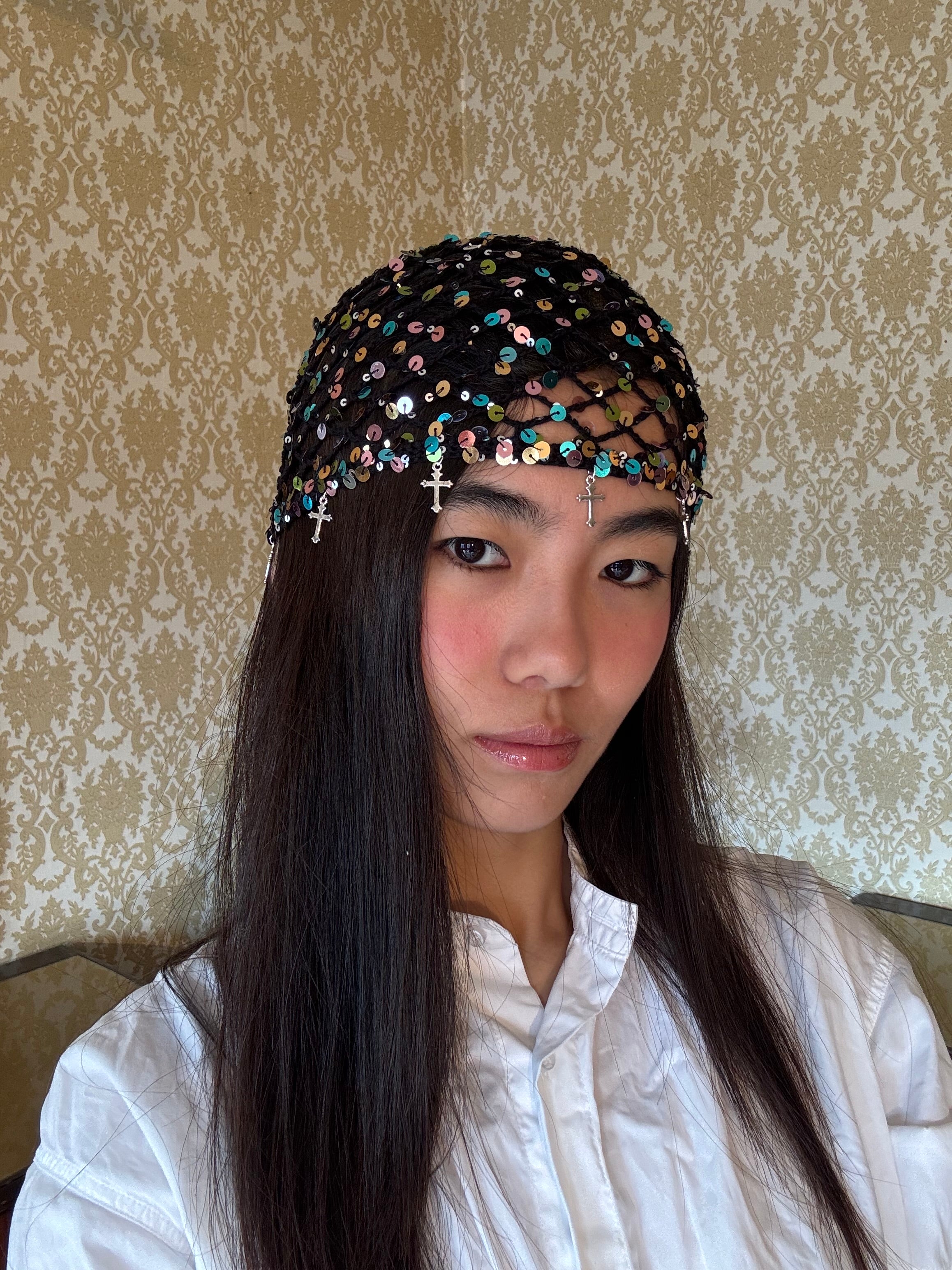Crochet glittered mesh hat with cross