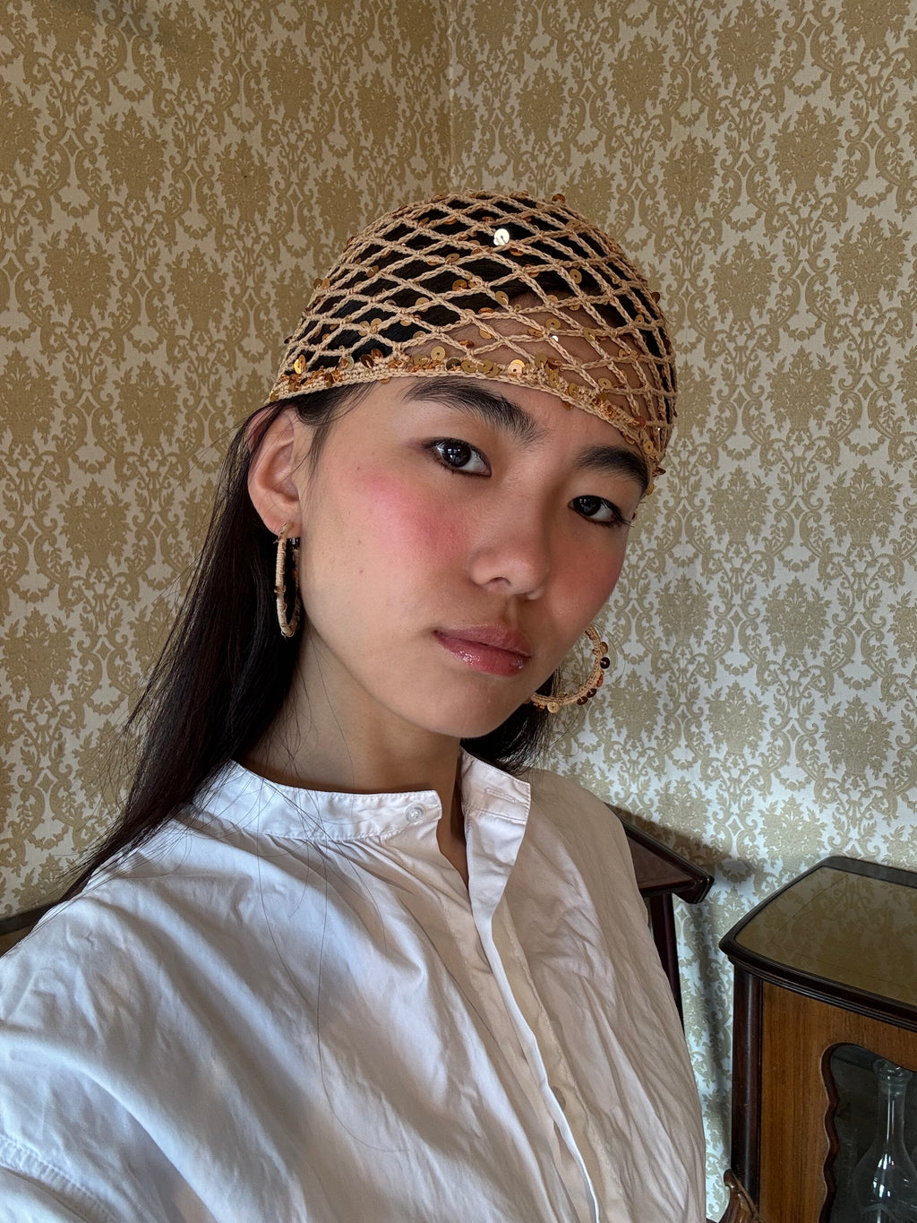 Crochet set: mesh hat+earrings