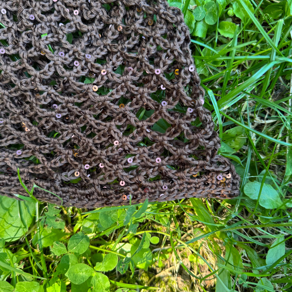 Crochet chocolate sequin mesh hat