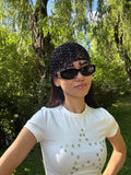 Crochet black mesh hat with charms