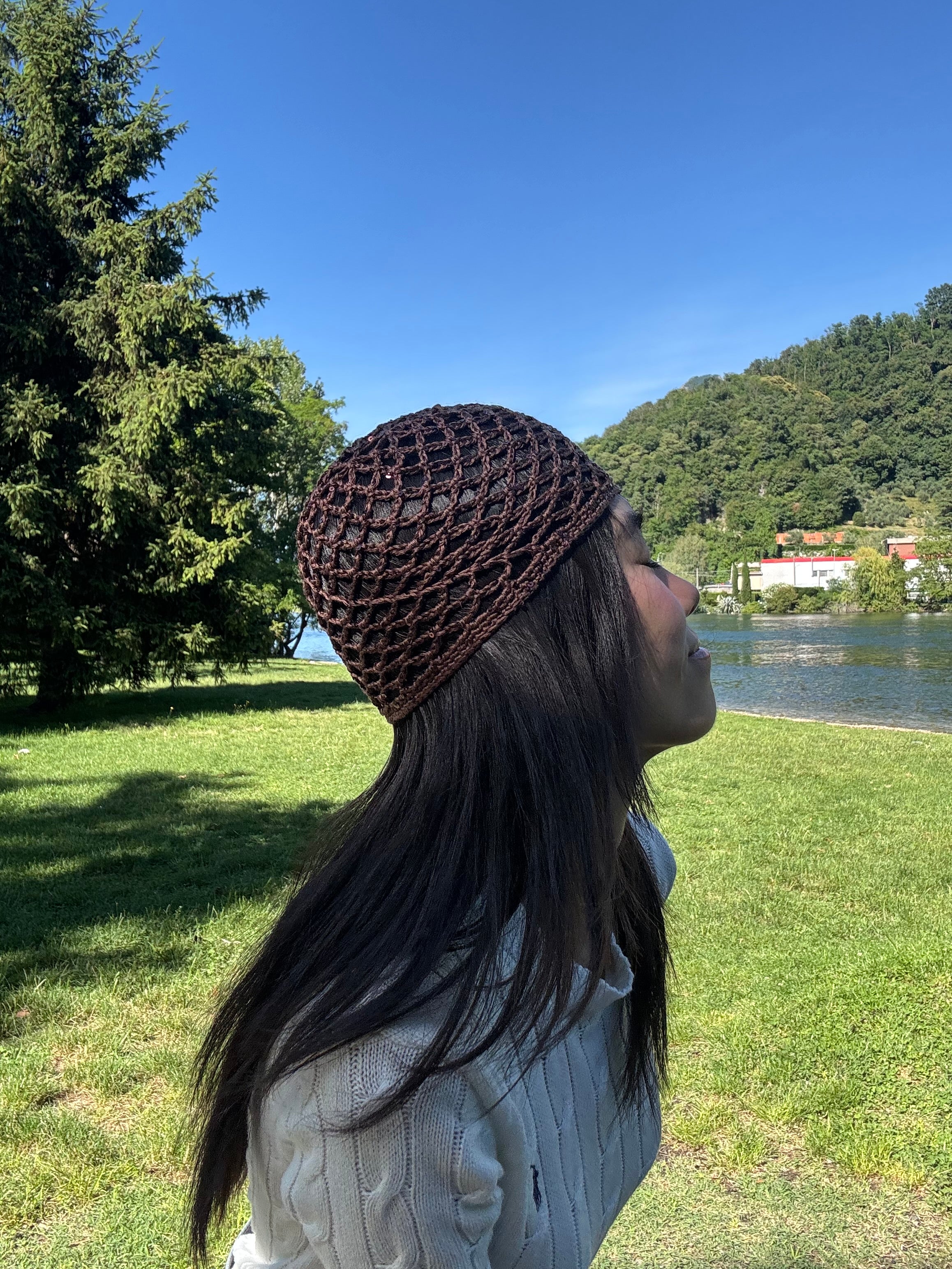 Crochet chocolate sequin mesh hat