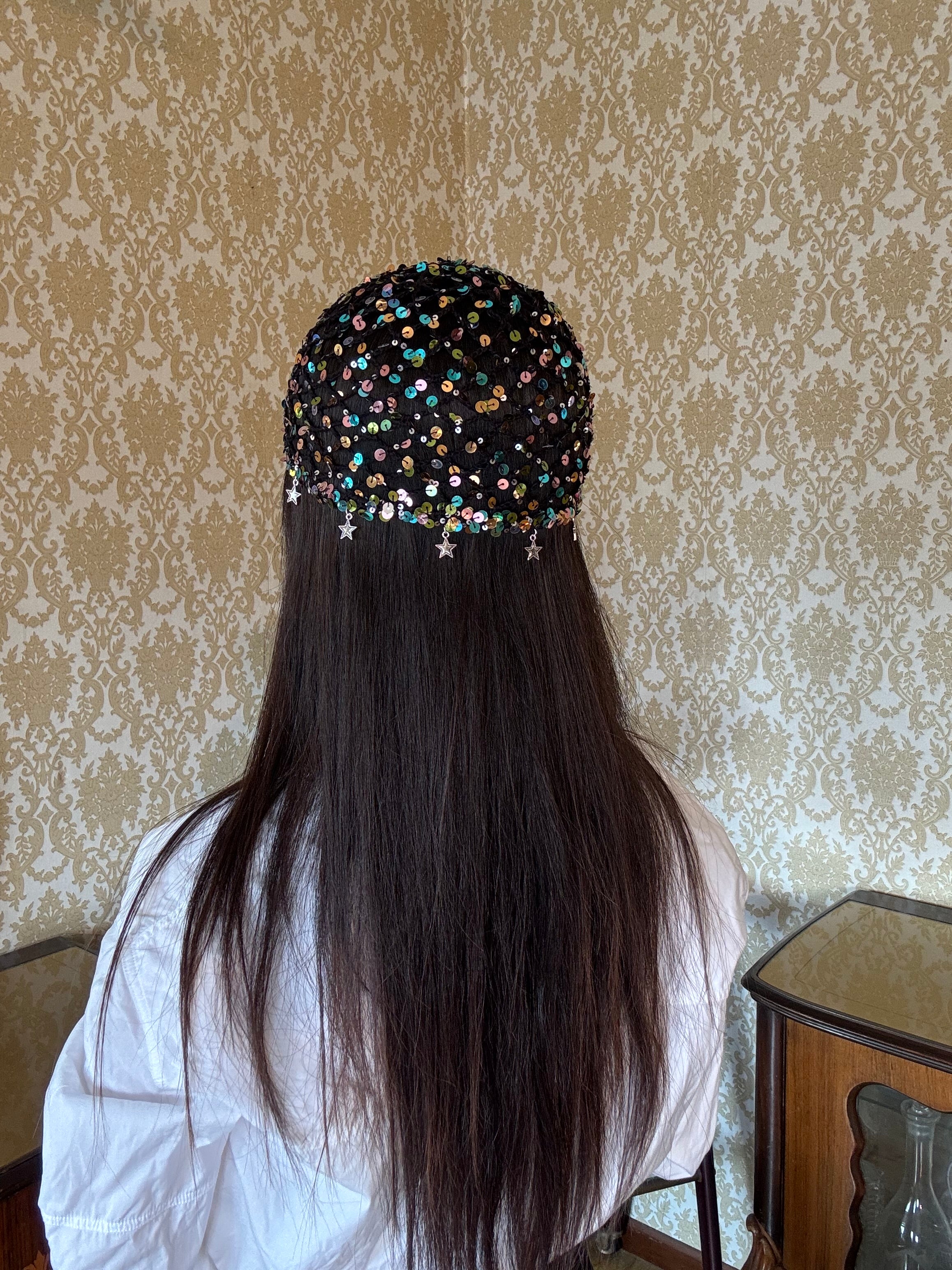 Crochet mesh hat with stars
