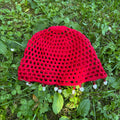 Crochet red mesh hat with hearts