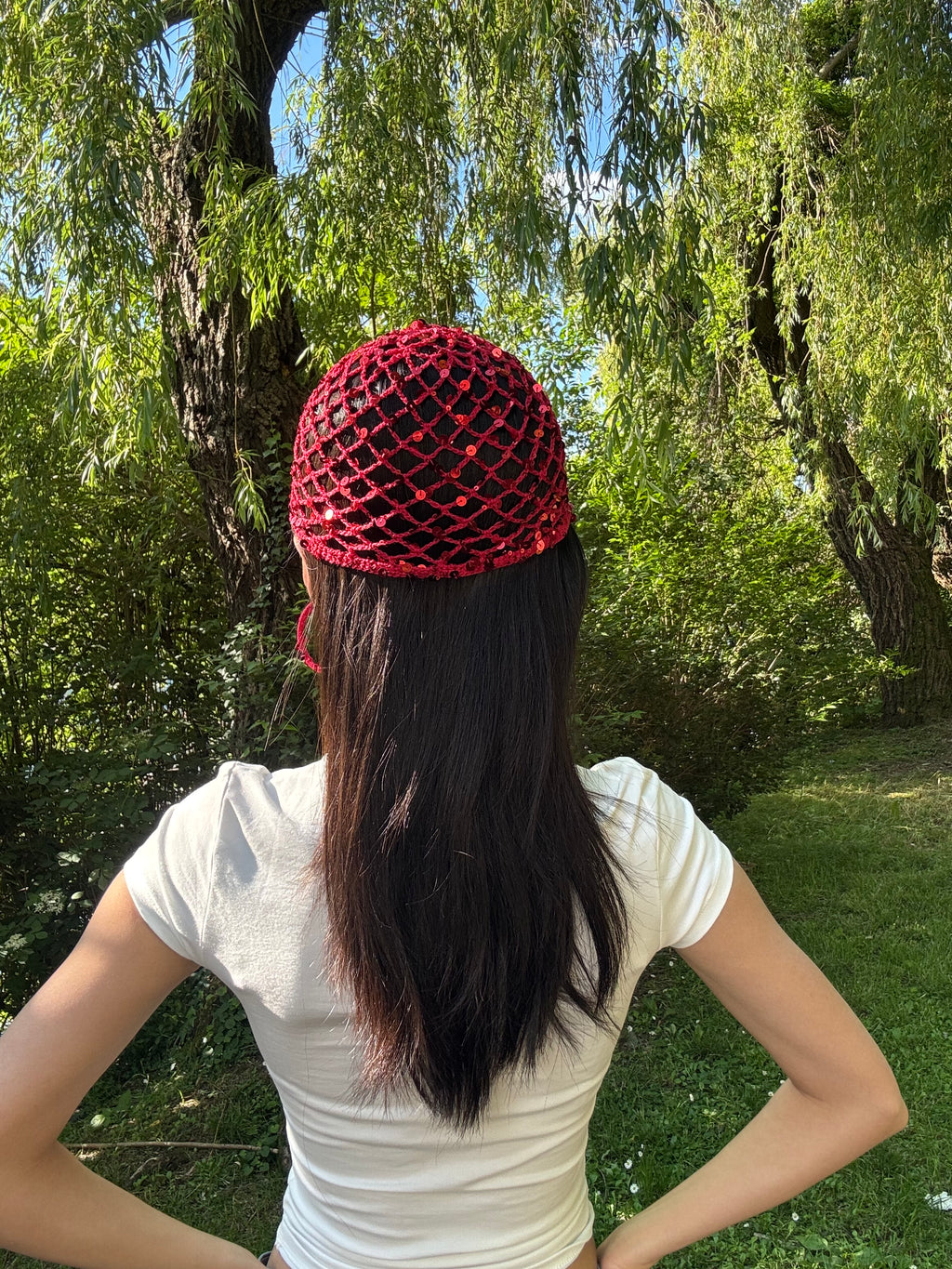 Crochet set: mesh hat+earrings