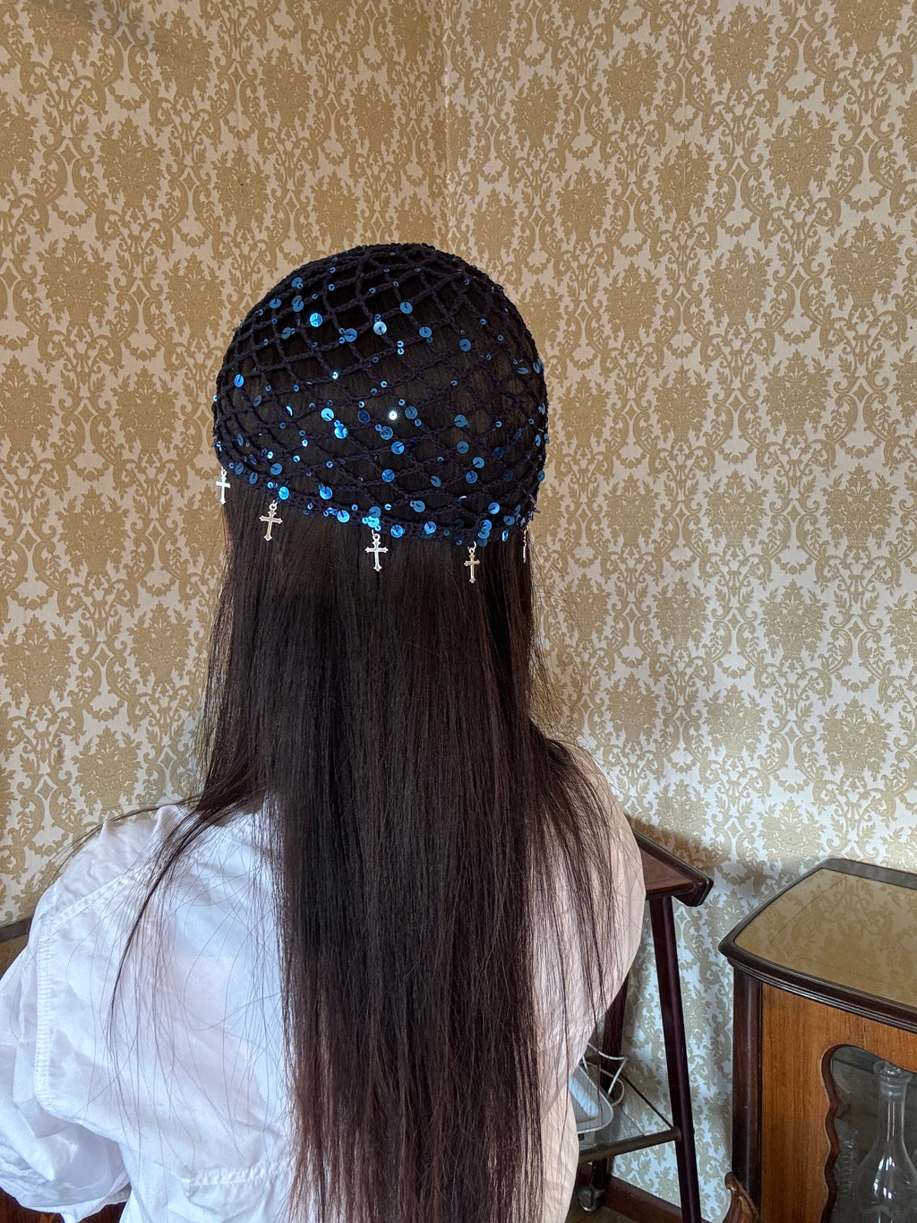 Crochet glittered mesh hat with cross