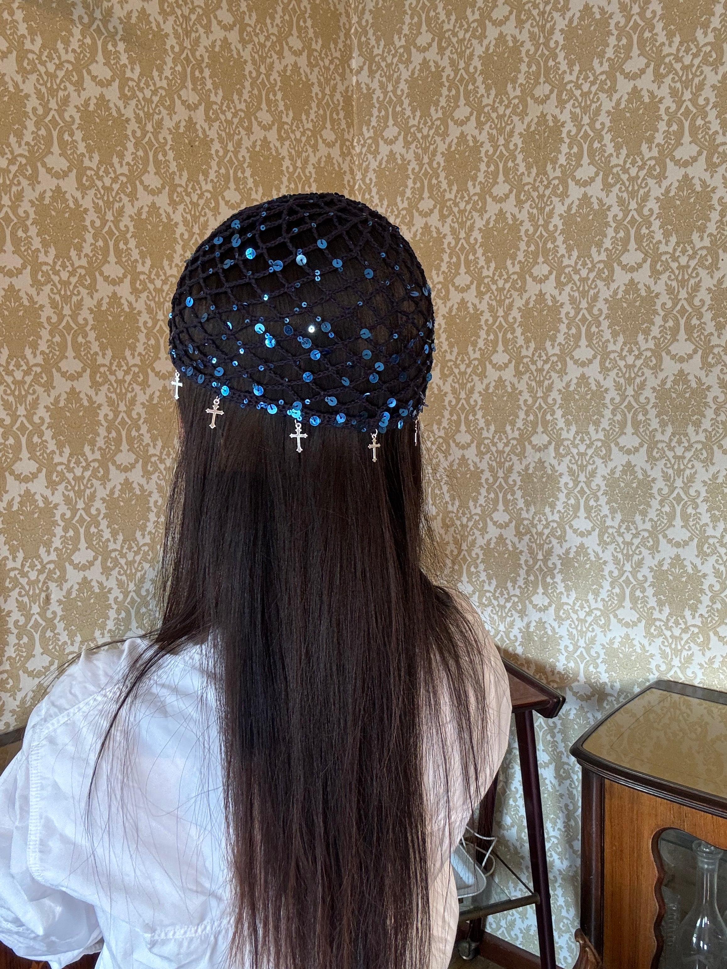 Crochet glittered mesh hat with cross