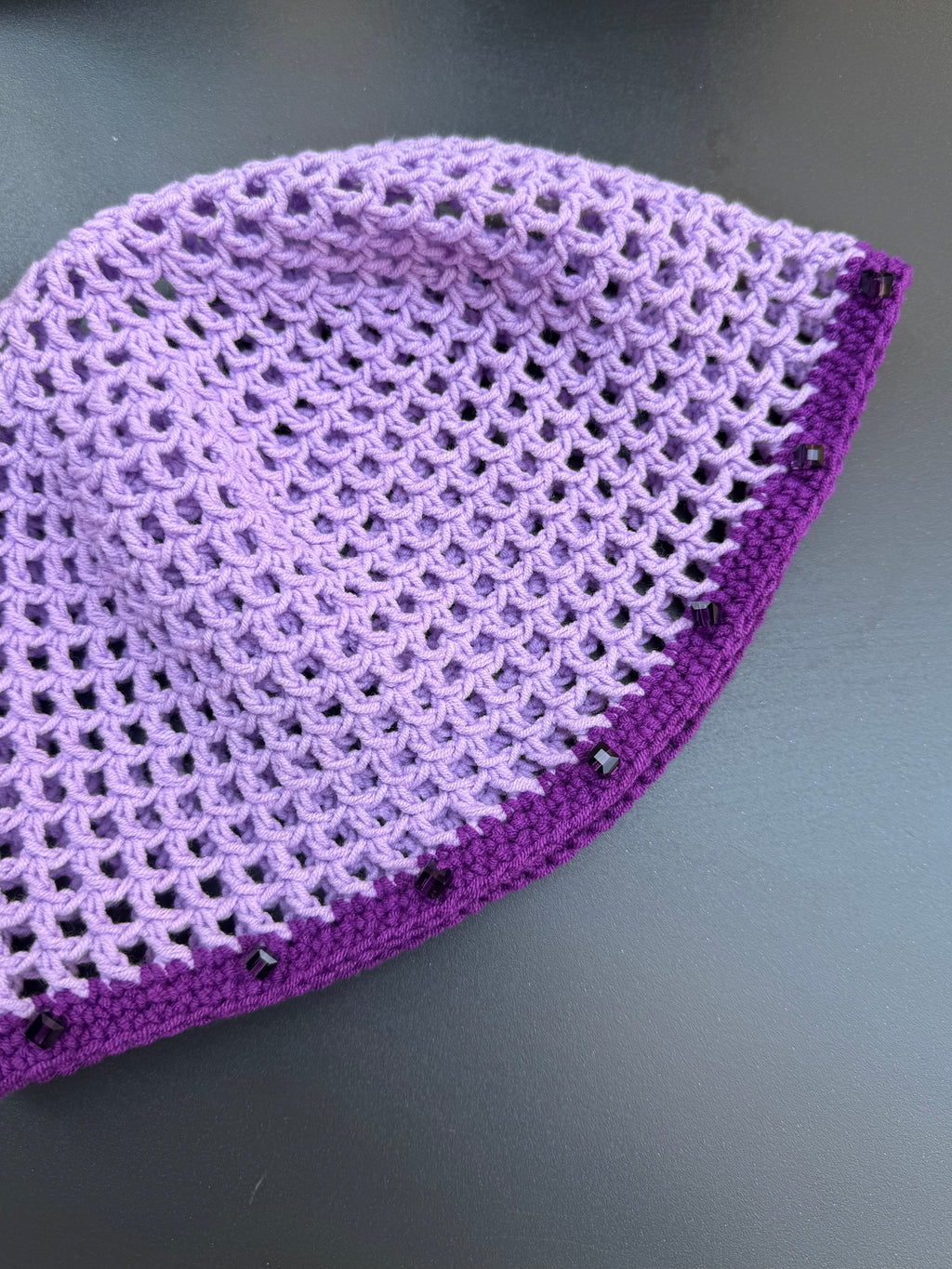 Crochet purple mesh hat with crystals