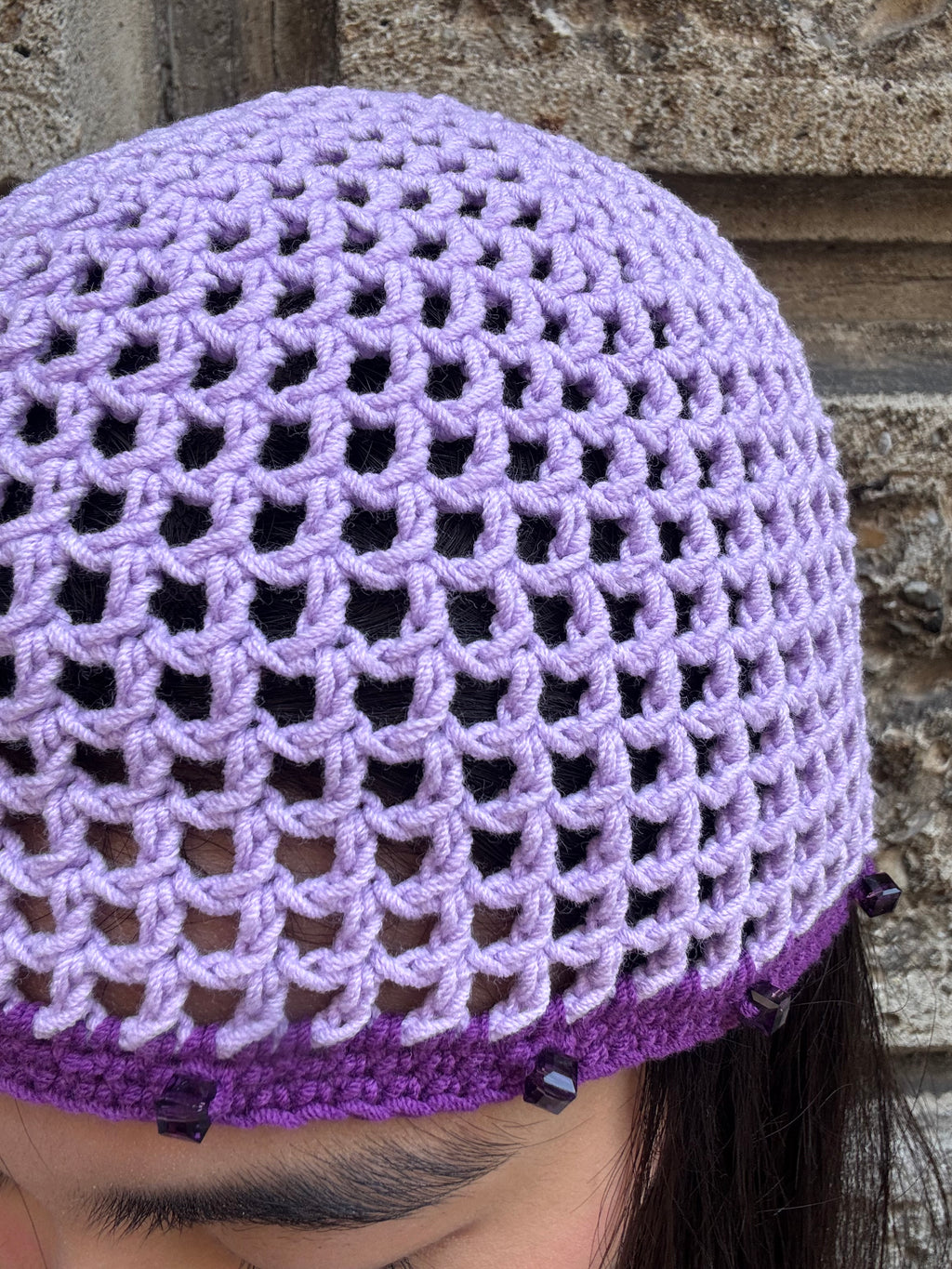 Crochet purple mesh hat with crystals