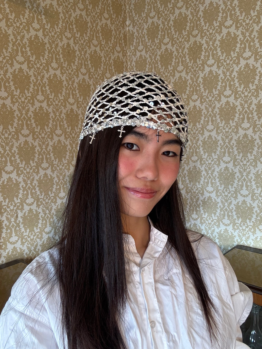 Crochet glittered mesh hat with cross