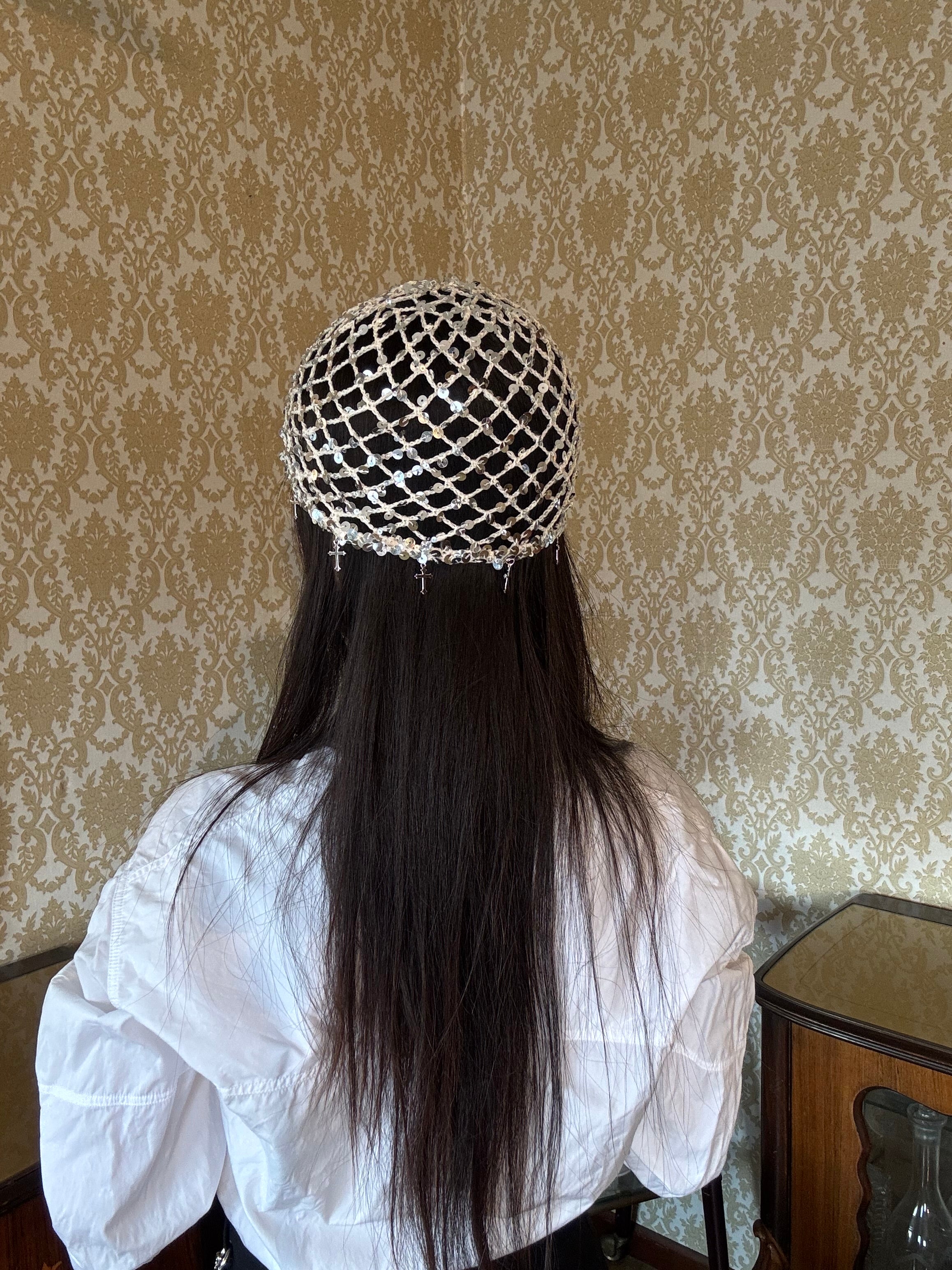 Crochet glittered mesh hat with cross
