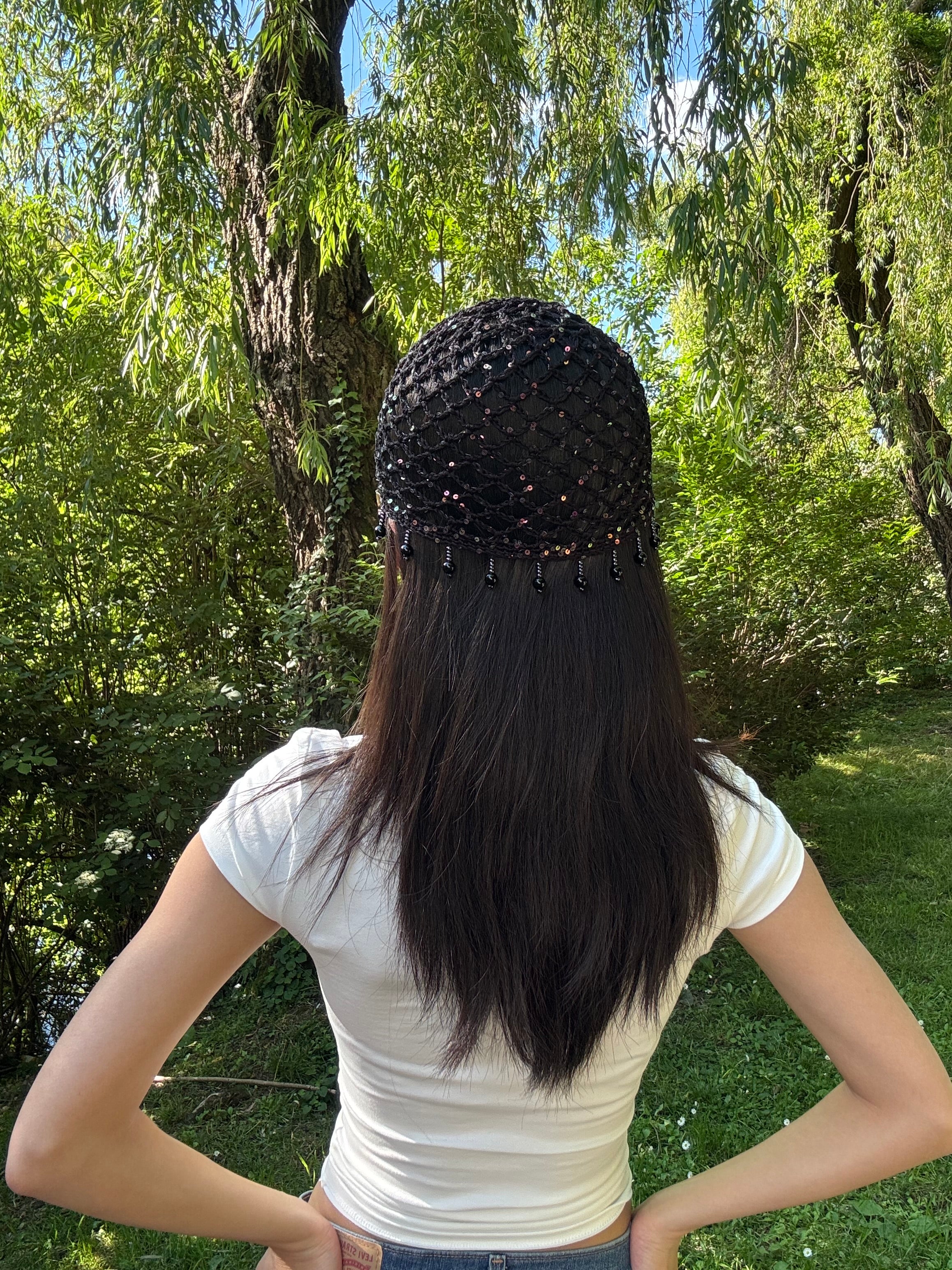 Crochet black mesh hat with charms