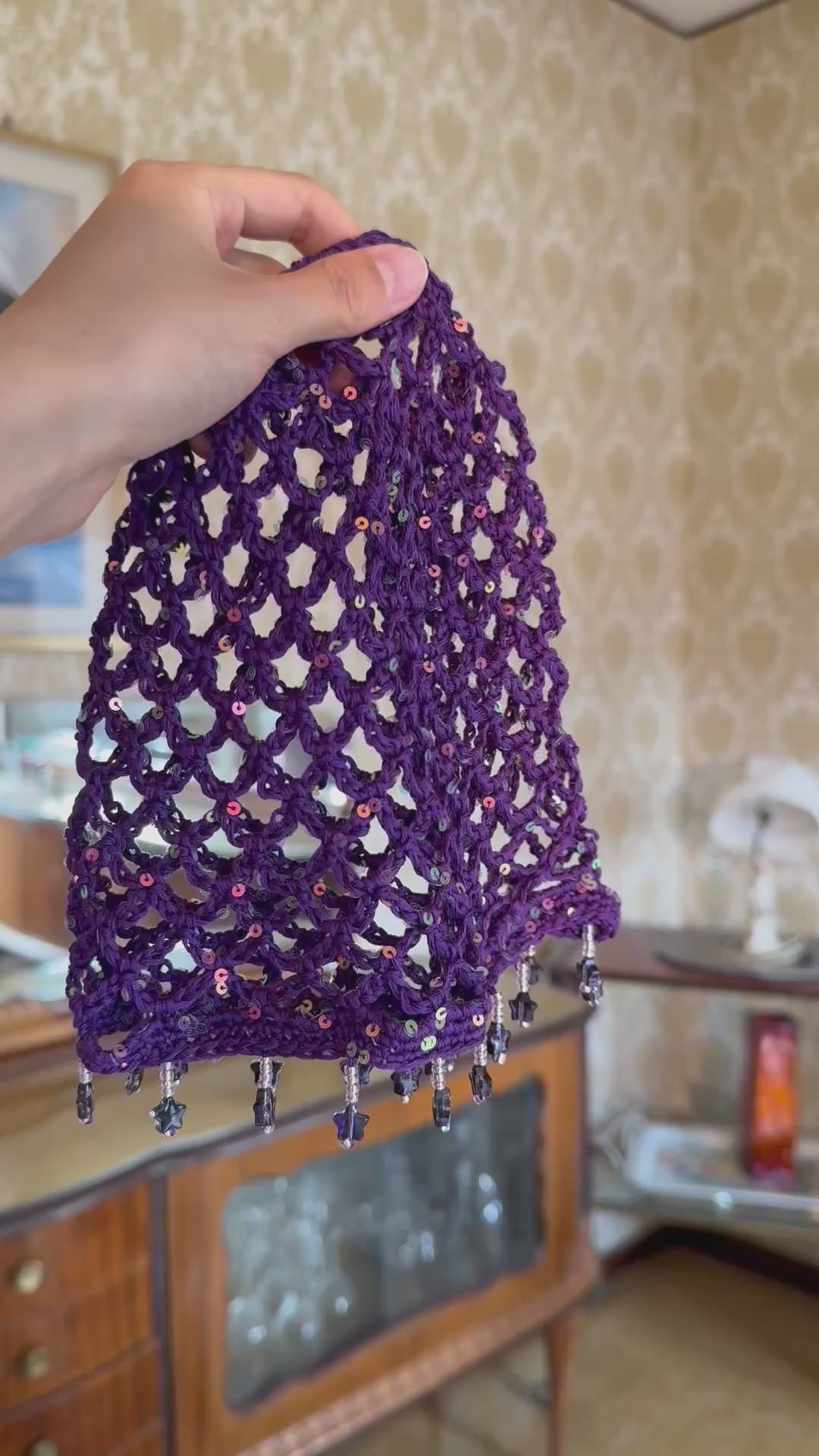 Crochet purple mesh hat with stars